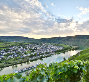 Blick auf ein Weindorf an einem Fluss mit einem Kreuzfahrtschiff und umliegenden gr&uuml;nen Weinbergen bei Sonnenuntergang.