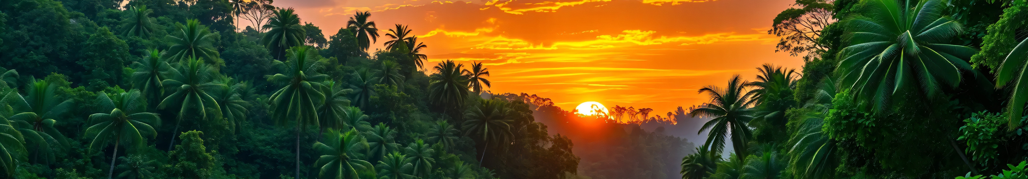 Dichter Regenwald mit Palmen vor untergehender Sonne &uuml;ber dem Amazonasgebiet.