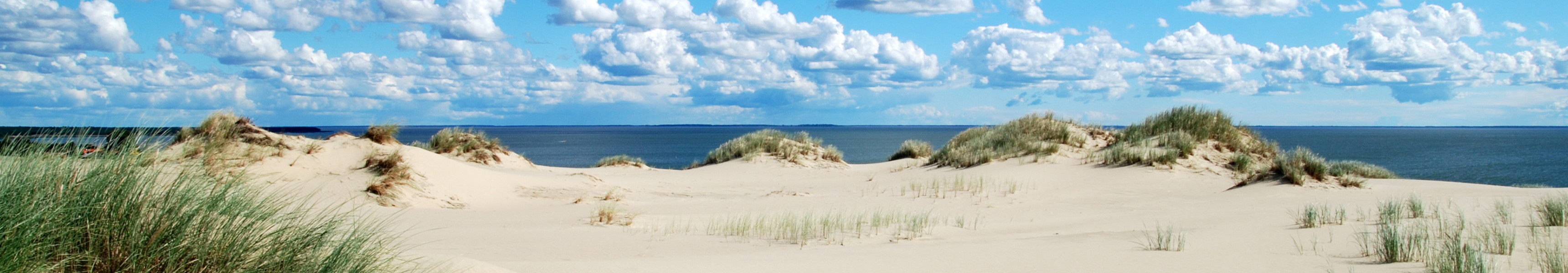 Sandd&uuml;nen mit Strandhafer an der Ostsee unter blauem Himmel mit wei&szlig;en Wolken.