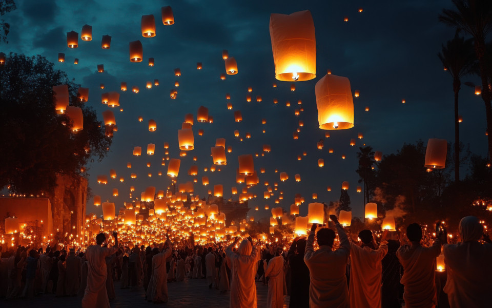 Am Vesak-Tag h&auml;lt eine Gruppe von Menschen brennende Laternen in der Hand und l&auml;sst sie in die Luft fliegen.